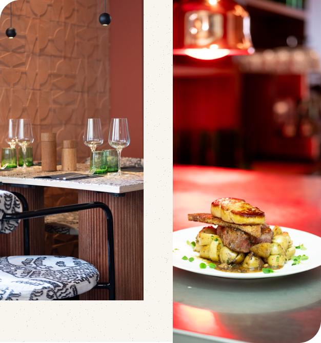 Composition visuelle du restaurant et d’un plat gastronomique mettant en avant l’expérience culinaire offerte.